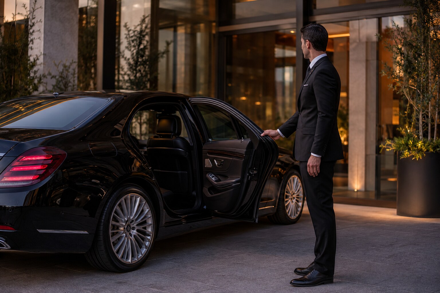 Professional Crystal Limo chauffeur beside a luxury black sedan